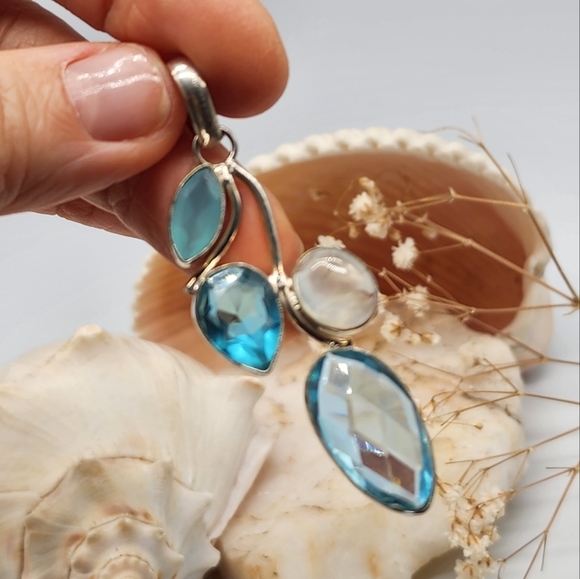 Silver 925 Pendant Blue Topaz /Natural Rutilated Quartz - Picture 2 of 7